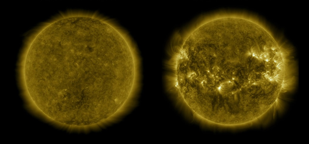 NASA, NOAA: Sun Reaches Maximum Phase in 11-Year Solar Cycle Solar Max Min 00001 Cropped.jpg