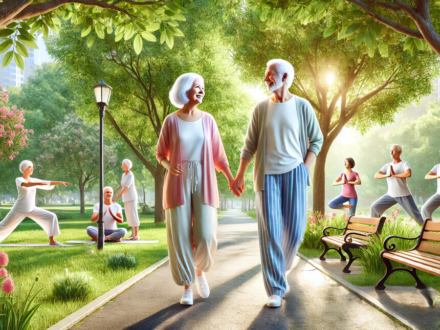 Living longer, living better: challenges of an aging world An Active Elderly Couple Strolls Through A Serene Park Surrounded By Seniors Practicing Yoga And.jpg