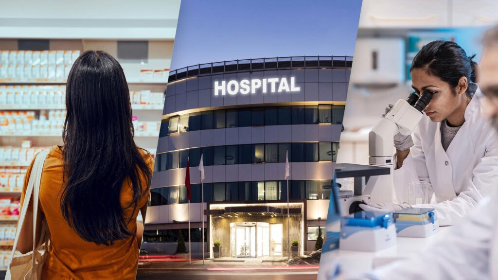 Universal Health Care | Pros, Cons, Debate, Arguments, Medicare, Medicaid, & Insurance Health care sector composite image woman at pharmacy hospital laboratory worker.jpg