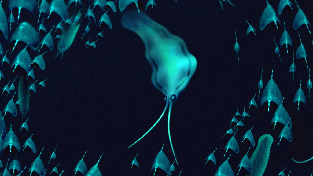 Nektognathus swimming in cambrian sea.webp.webp