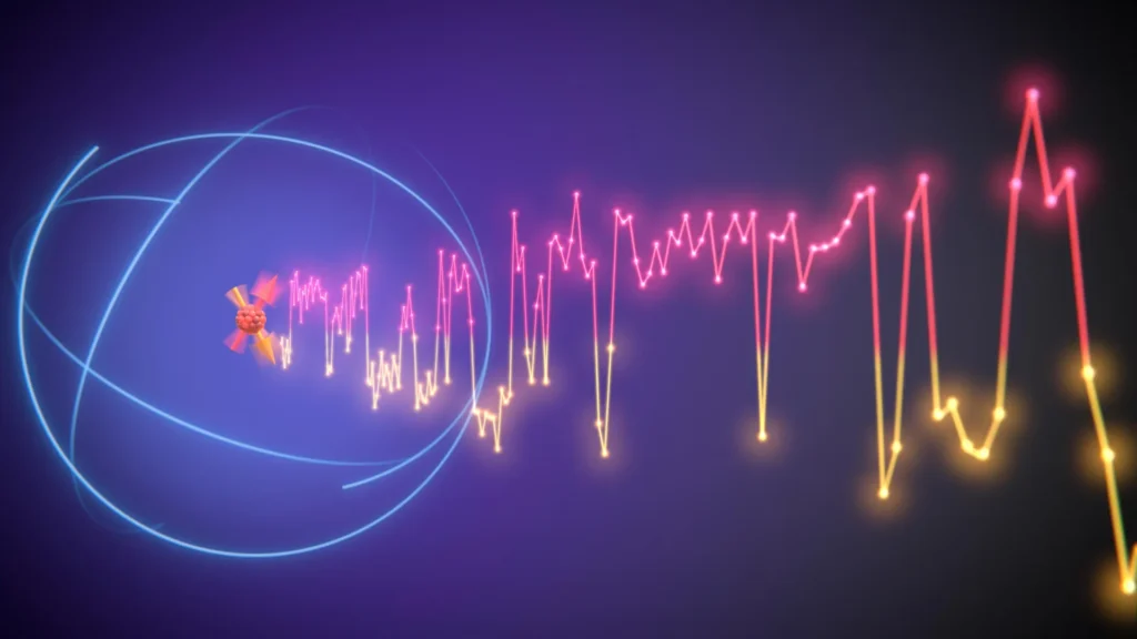 Atom nuclear spin flipping between distinct quantum states.webp.webp