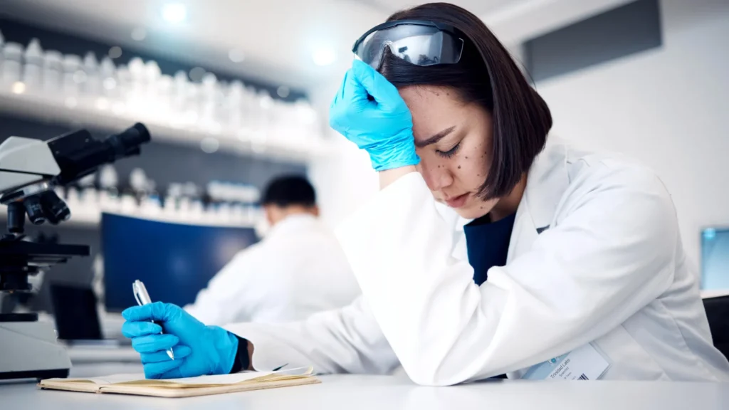 Female scientist stress anxiety headache.webp.webp