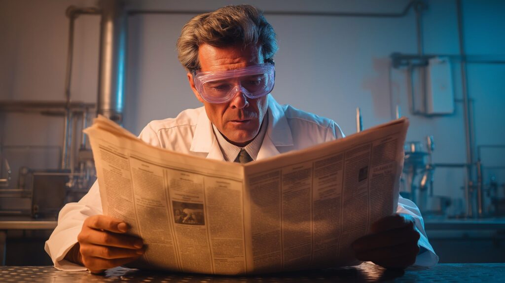 Scientist real color photo not picture reading newspaper scaled.jpg