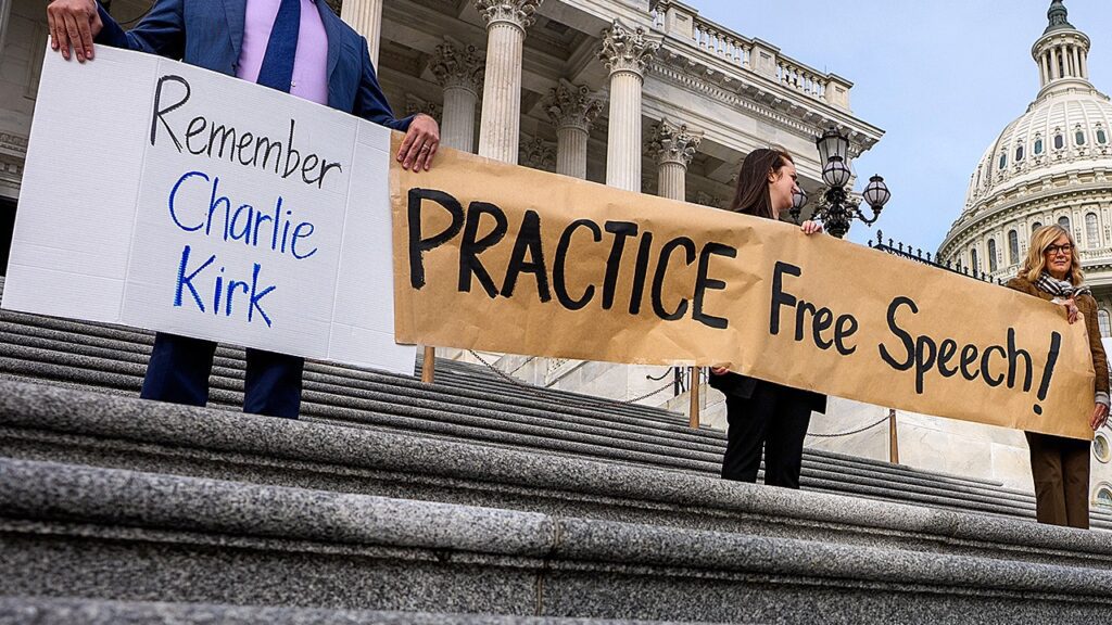 Federalist Society’s next generation takes on culture wars with conversation Charlie kirk free speech signs capitol hill.jpg